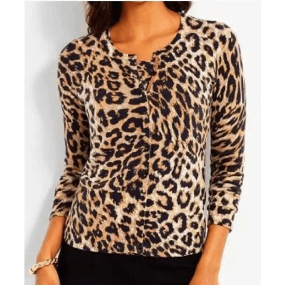 Talbots Leopard Print Cashmere Blend Cardigan Size Small NWT
